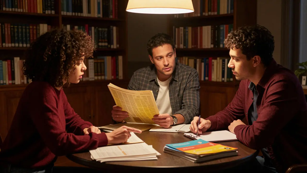 Three people discussing documents in a library setting