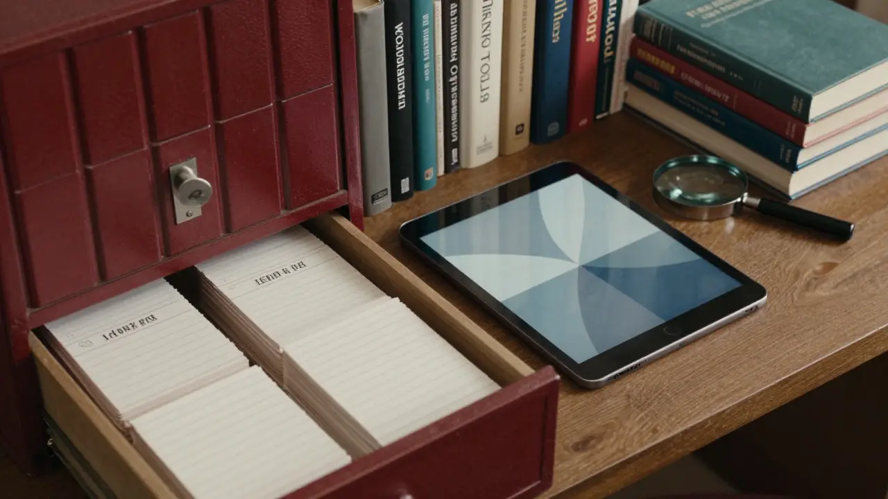 Top-down view of a librarian's desk with card catalog and books