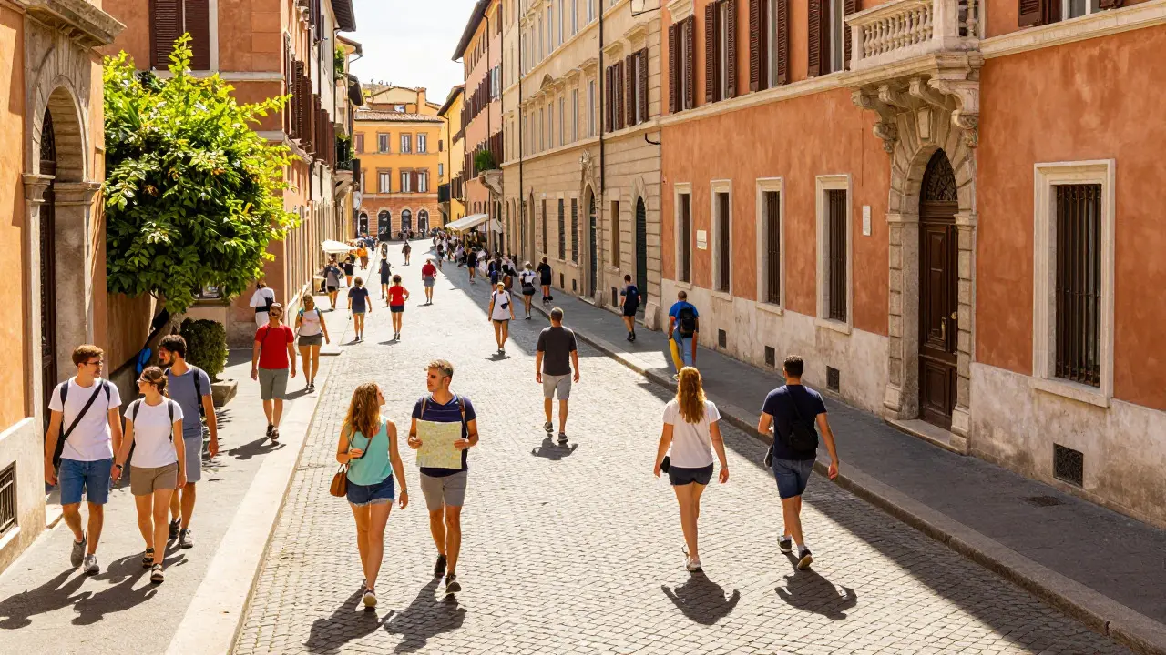 Tourists exploring a historic European city street on a sunny summer day