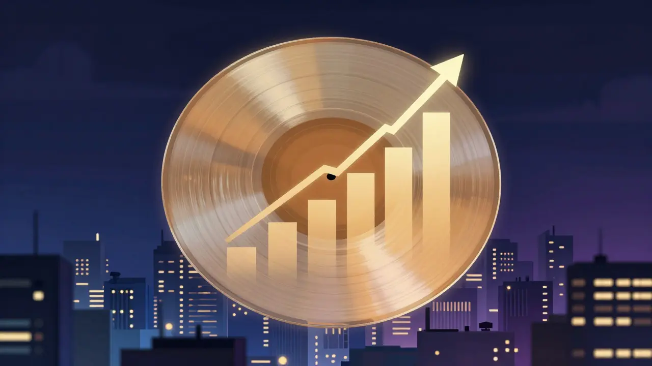 Translucent vinyl record made of rising charts hovering over a city skyline