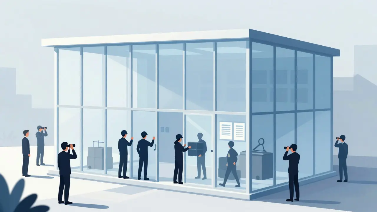 Transparent building interior showing administrators working under public observation