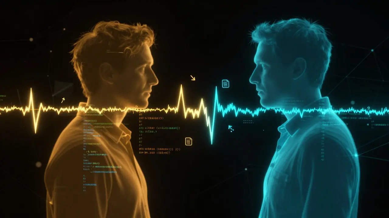 Two colored silhouettes separated by a glowing digital data stream