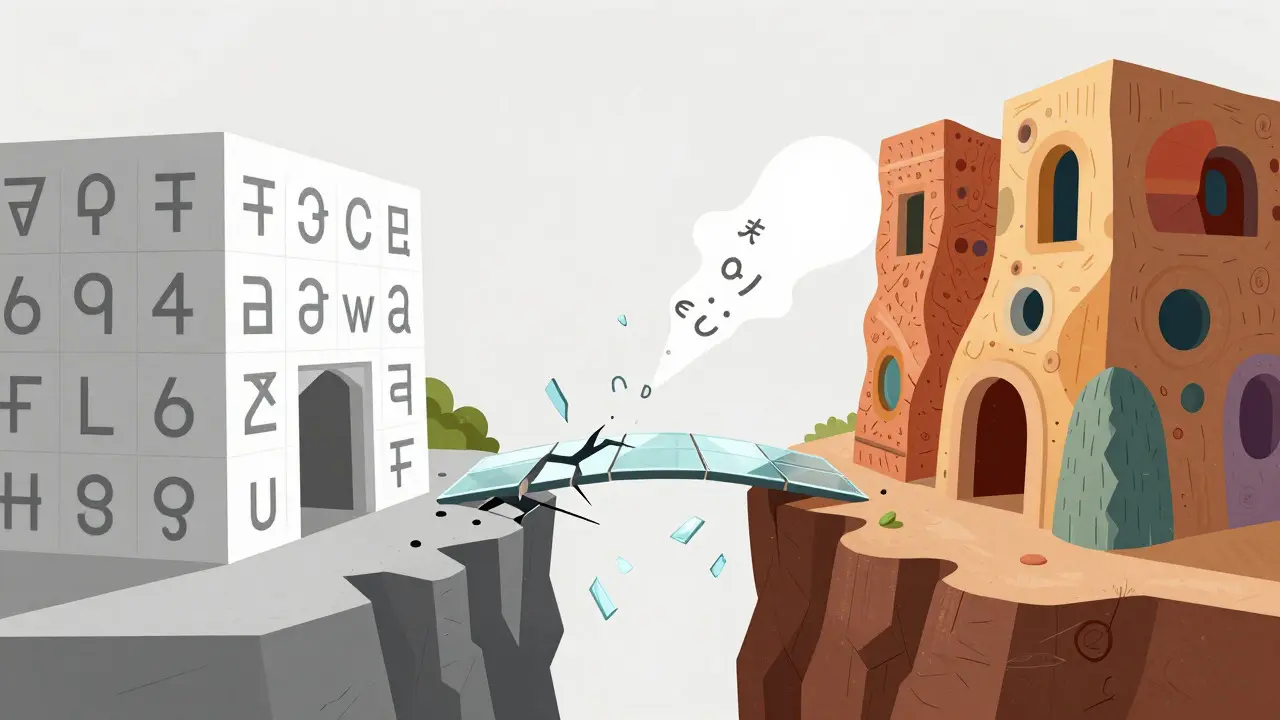 Two contrasting buildings separated by a broken glass bridge with dissolving symbols, illustrating translation barriers.