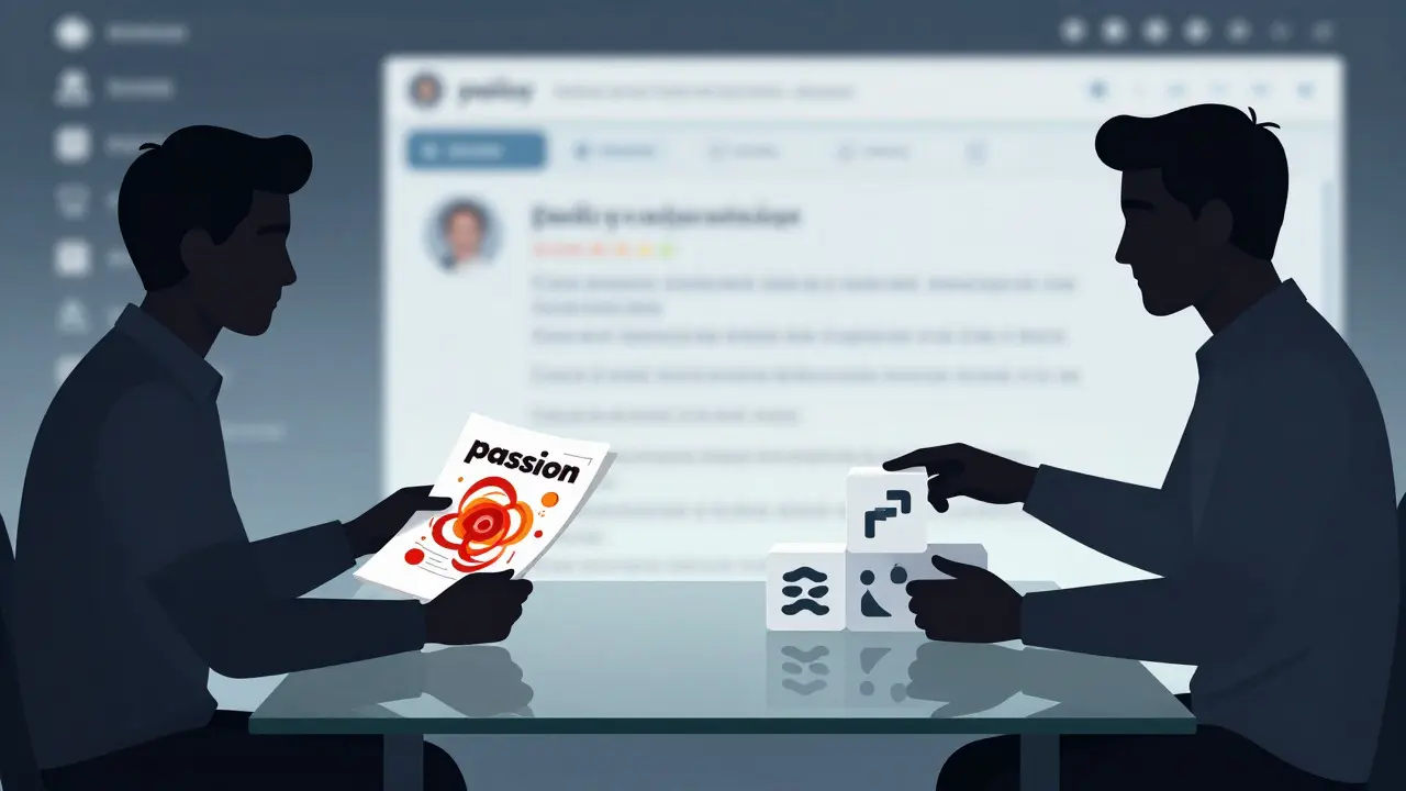 Two figures debate across a table, one using chaotic emotional shapes and the other using structured policy blocks.