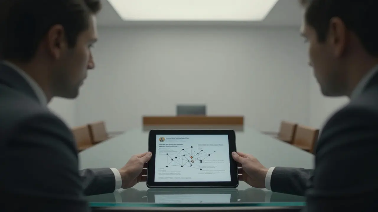 Two figures facing each other across a glass table, one presenting data on a tablet in a sterile room