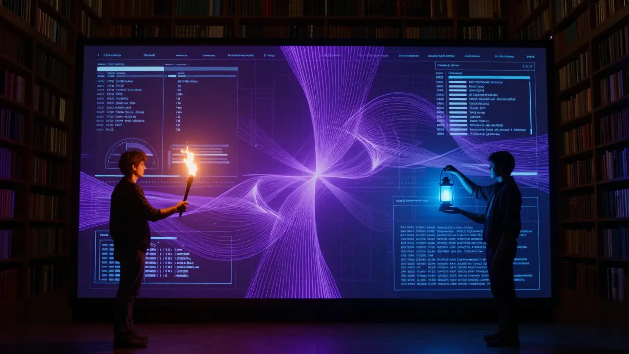 Two figures illuminating a digital screen with warm and cool lights
