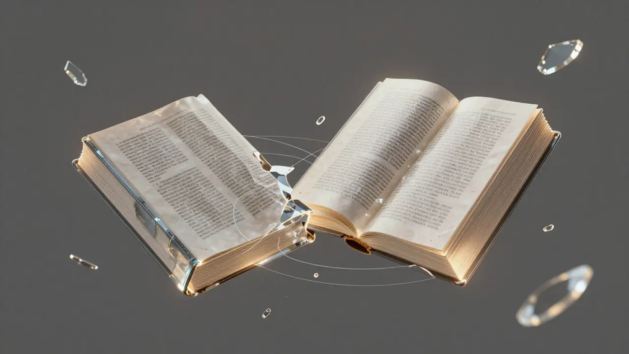 Two fragmented glass books merging into a single glowing structure