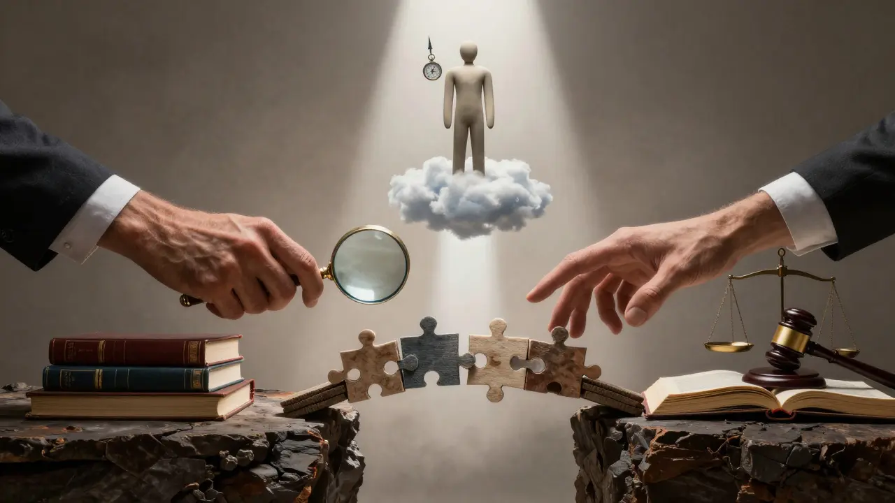 Two hands connected by a bridge of books and puzzles, mediated by a figure above