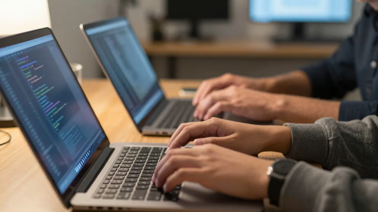 Two pairs of hands typing on laptops side-by-side, representing diverse editors collaborating