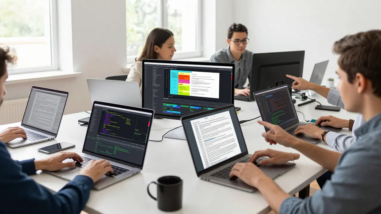Two people collaborating at laptops, pointing at color-coded sections on their screens in a bright office.