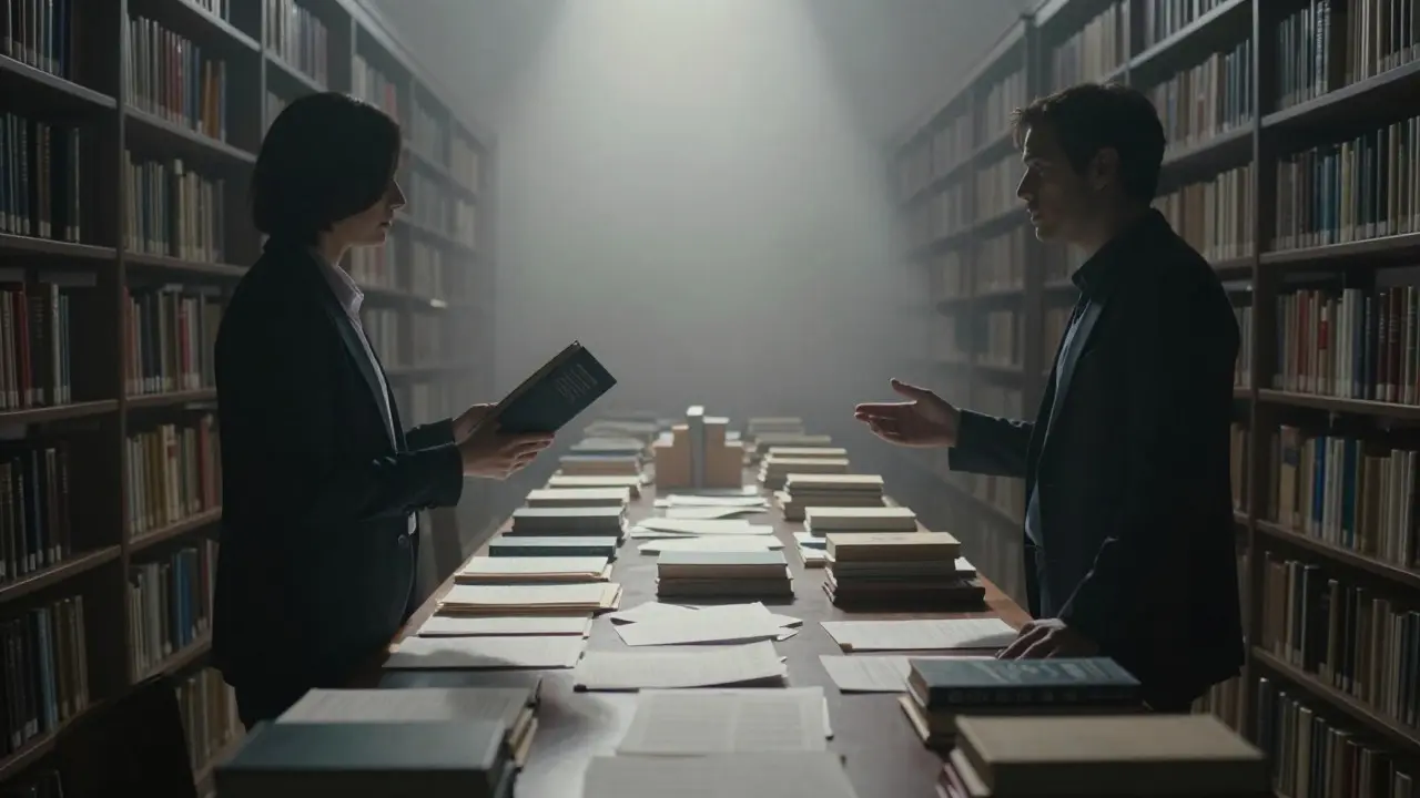 Two people debating across a table in a foggy library aisle