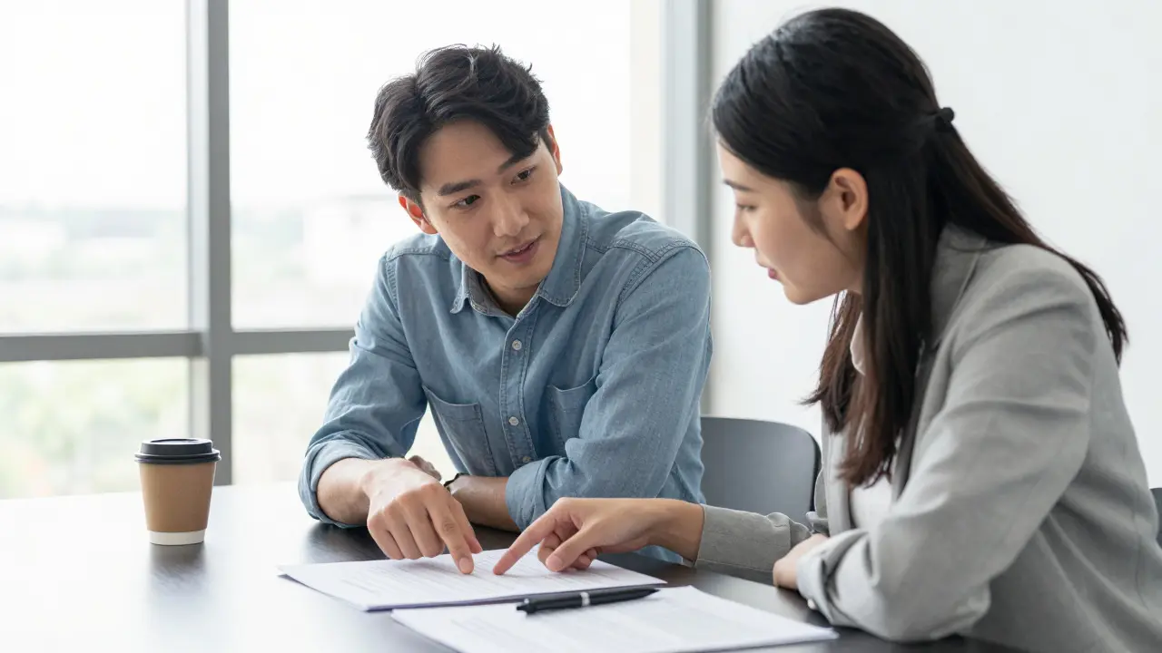 Two people discussing a printed document in a bright, collaborative workspace