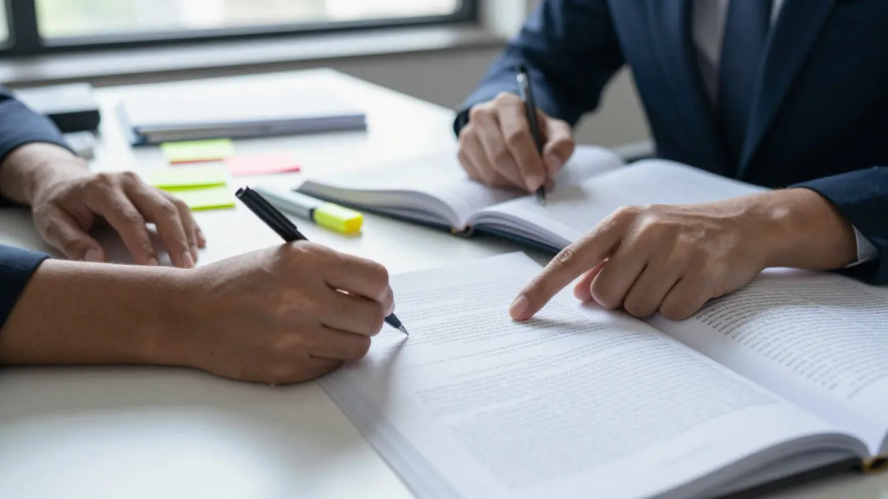 Two people discussing an article with academic journals and notes on a desk, illustrating collaboration.