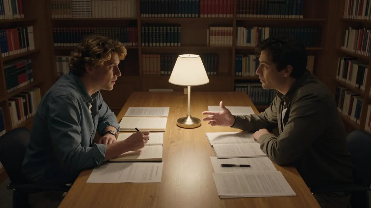 Two people discussing article details at desks in a dimly lit library
