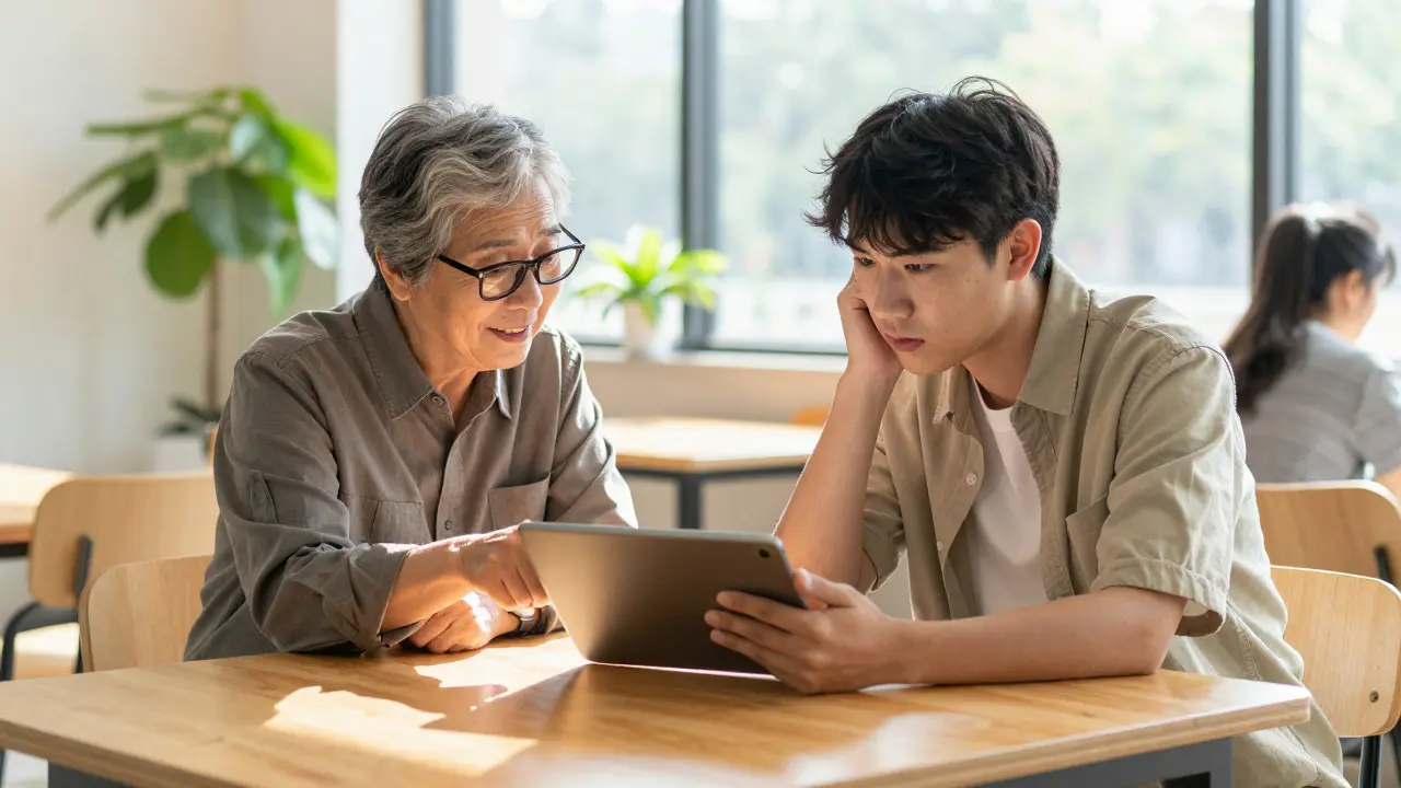 Two people discussing content on a tablet in a bright, friendly setting