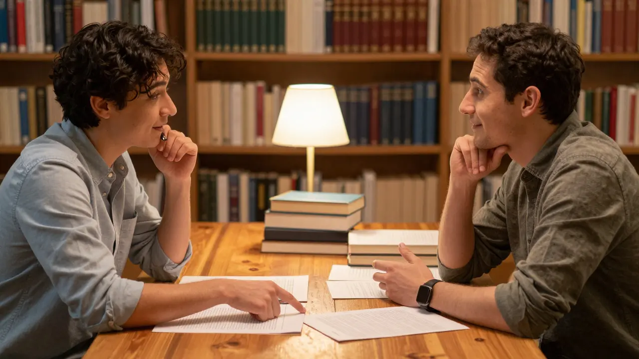 Two people discussing documents at a table in a library, collaborating peacefully