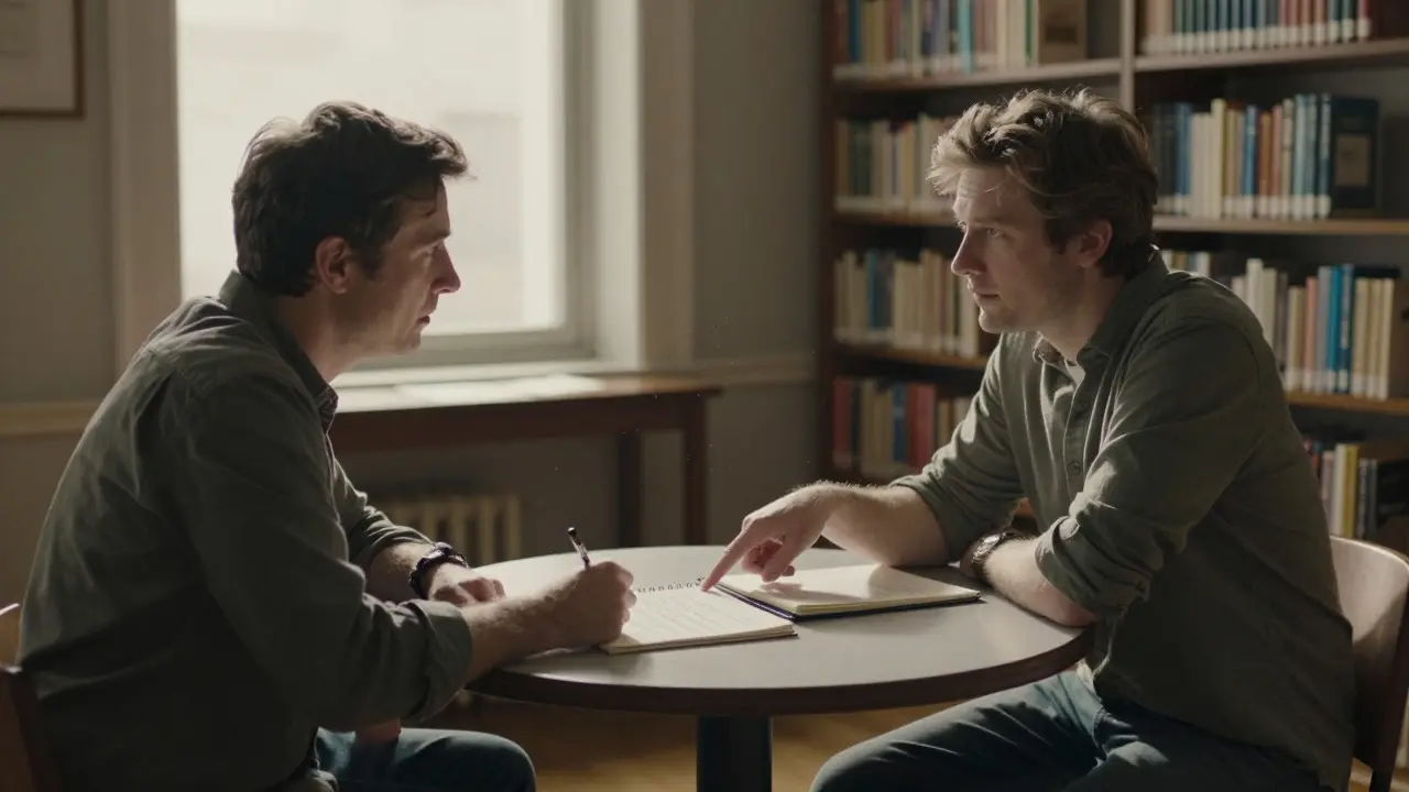 Two people discussing notes at a table in a library setting