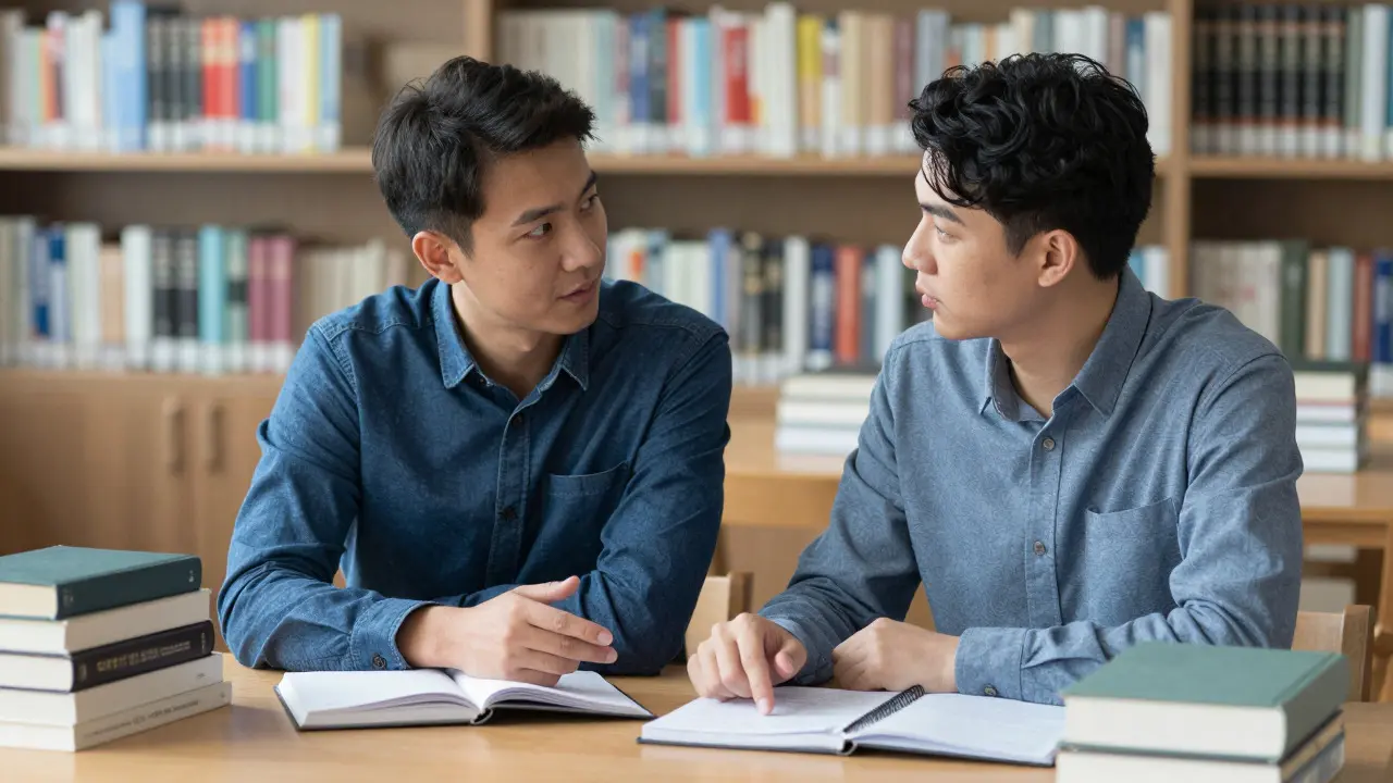 Two people having a calm discussion at a table surrounded by books