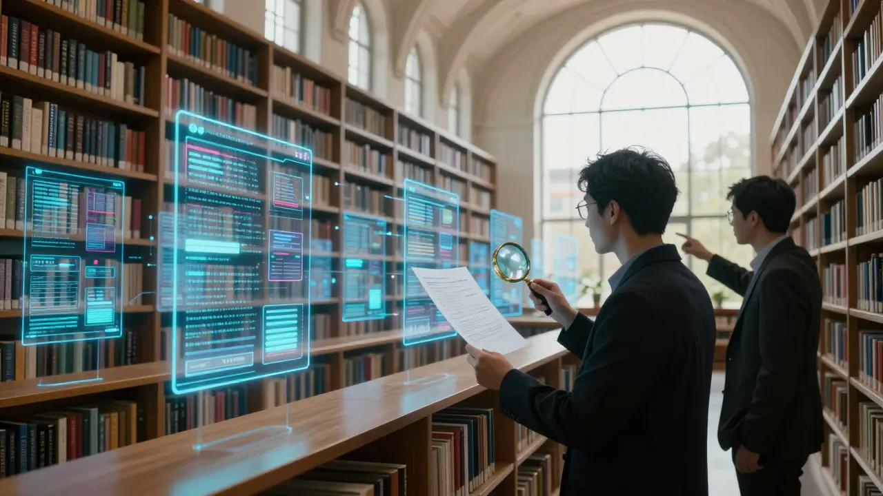 Two people reviewing glowing digital documents in a futuristic library hall