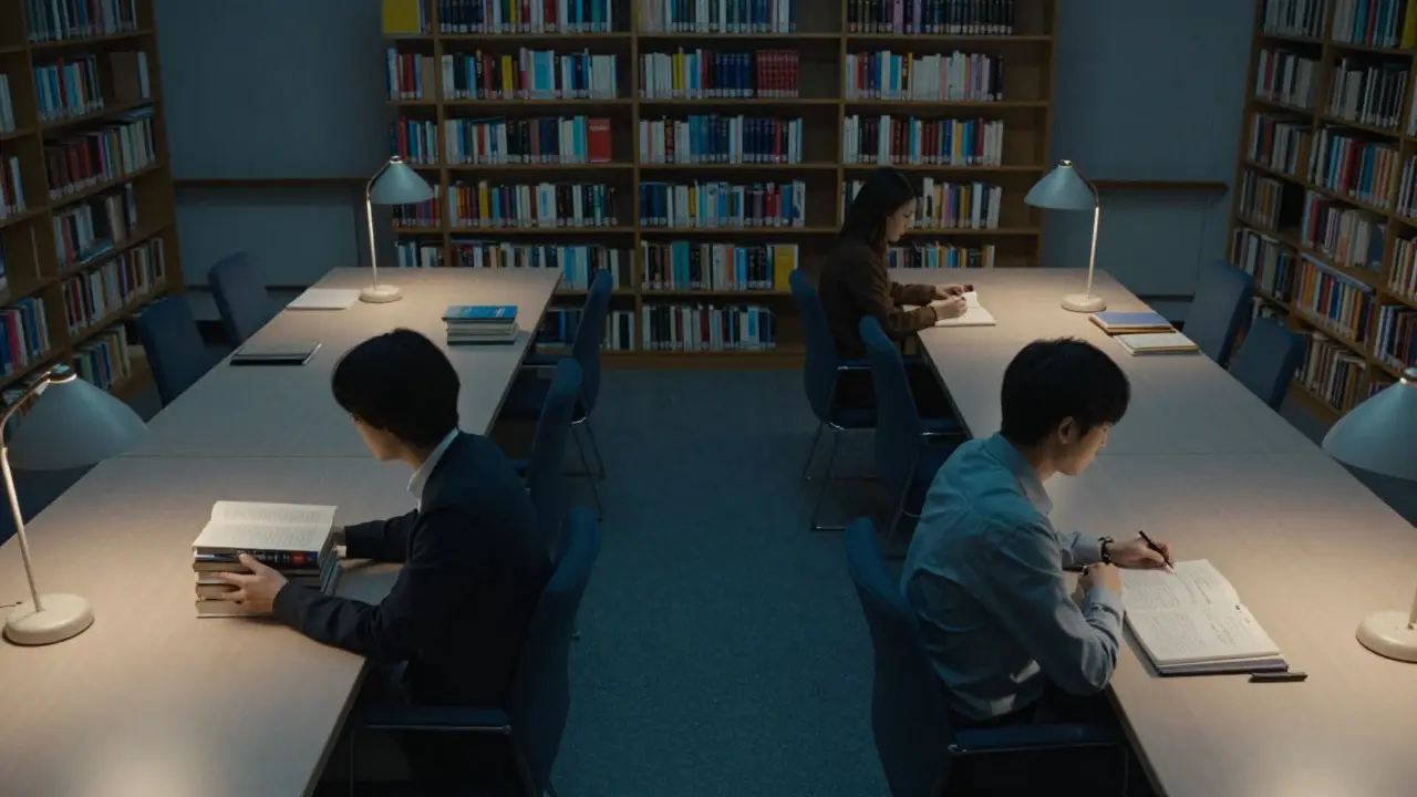 Two people studying in a quiet, well-lit library with bookshelves