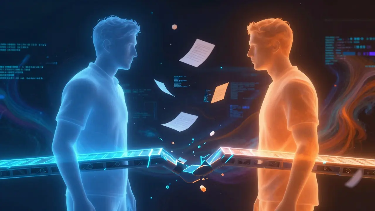 Two silhouettes facing each other across a digital divide representing edit conflicts