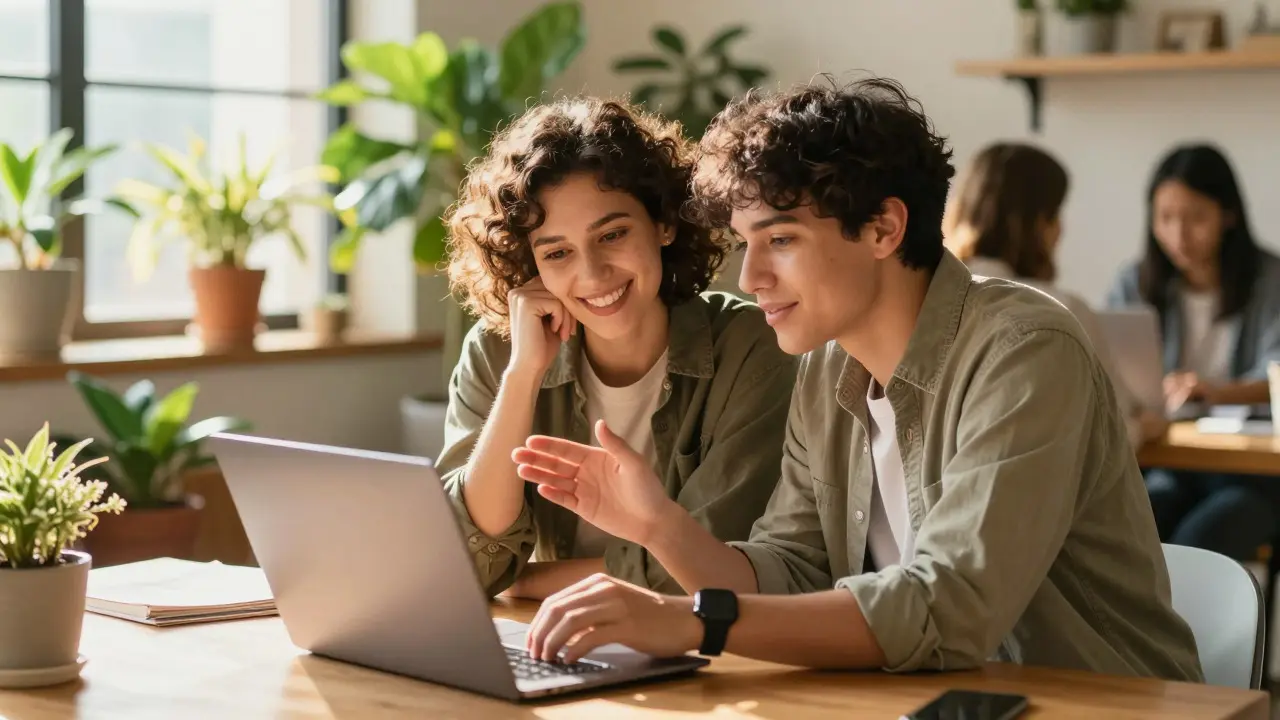 Two women collaborating warmly at a laptop in a sunlit, plant-filled room