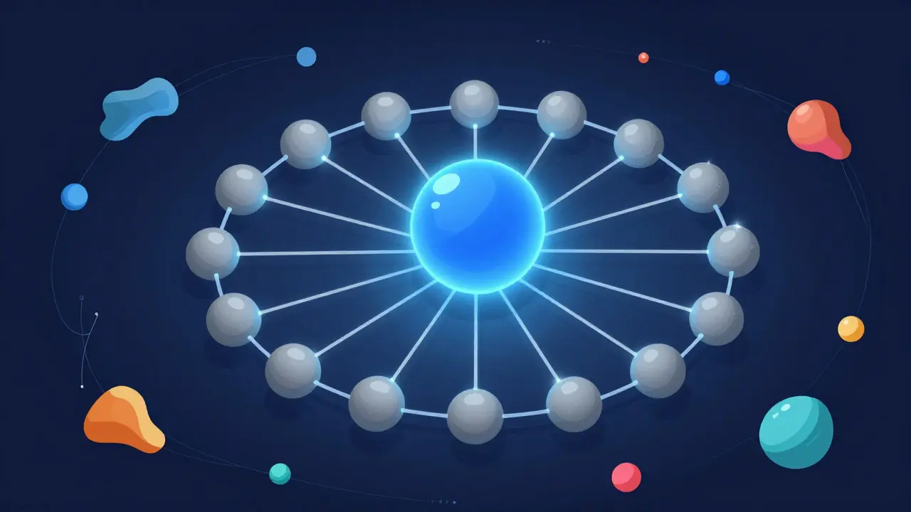 Vector art showing a network of coordinated vs independent nodes