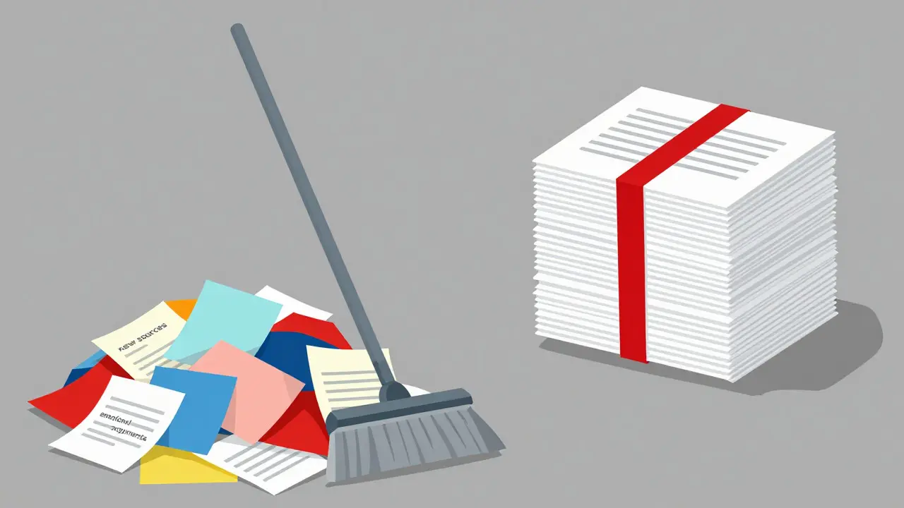 Vector art showing messy papers being swept away by a broom next to a neat stack