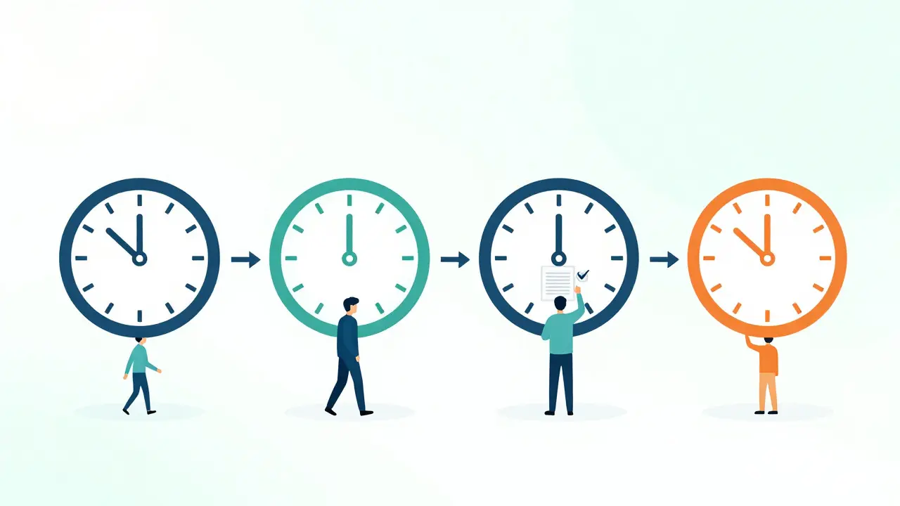 Vector illustration of a four-day timeline with editor figures interacting with clocks