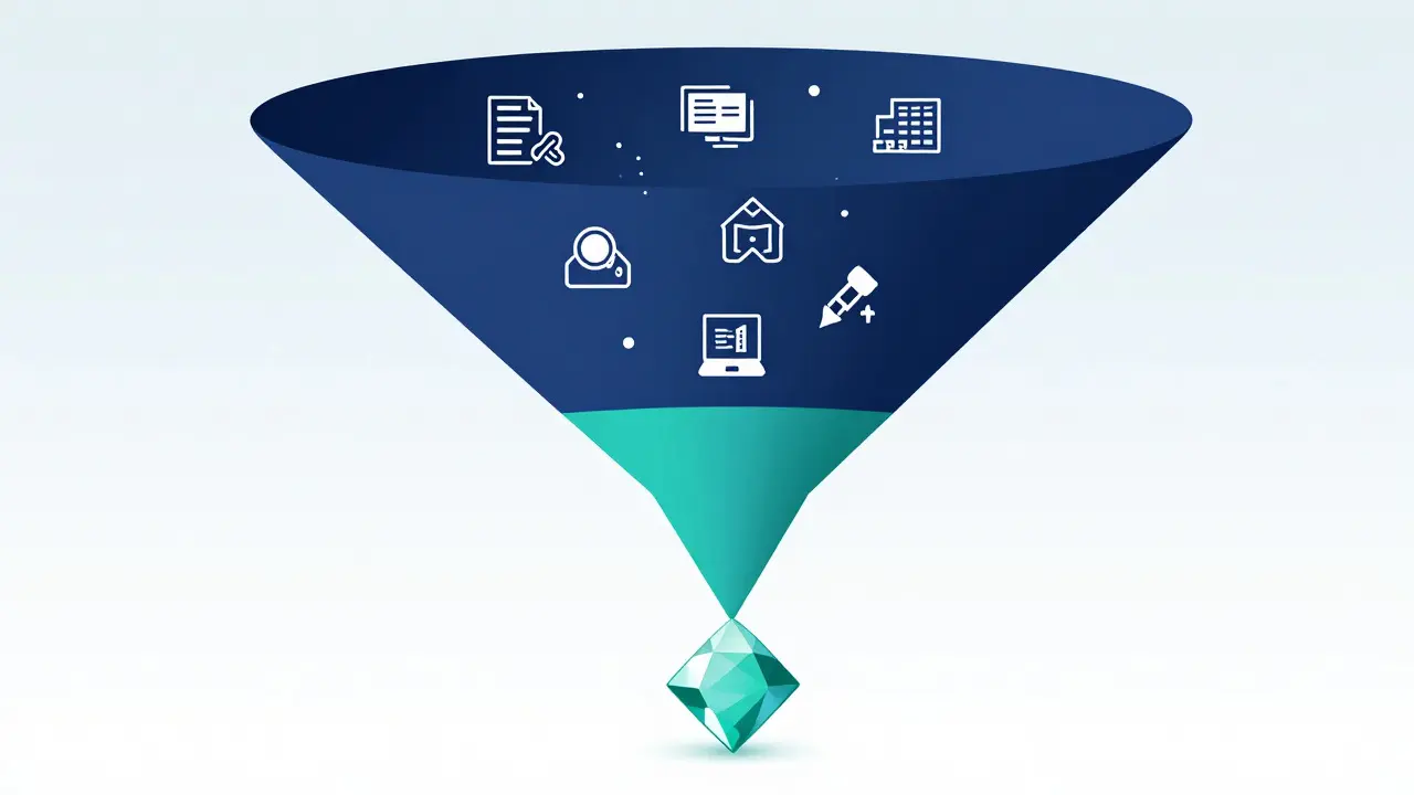 Vector illustration of a funnel filtering content into a single polished gemstone