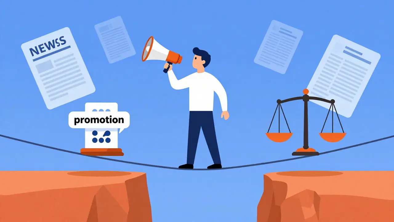 Vector illustration of a person balancing promotion and objectivity on a tightrope