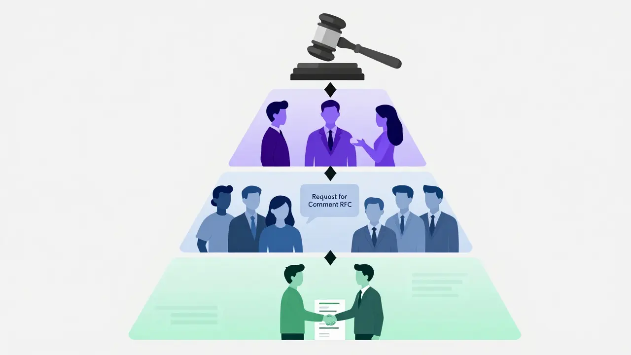 Vector illustration of a pyramid structure representing escalating dispute resolution steps in collaborative platforms