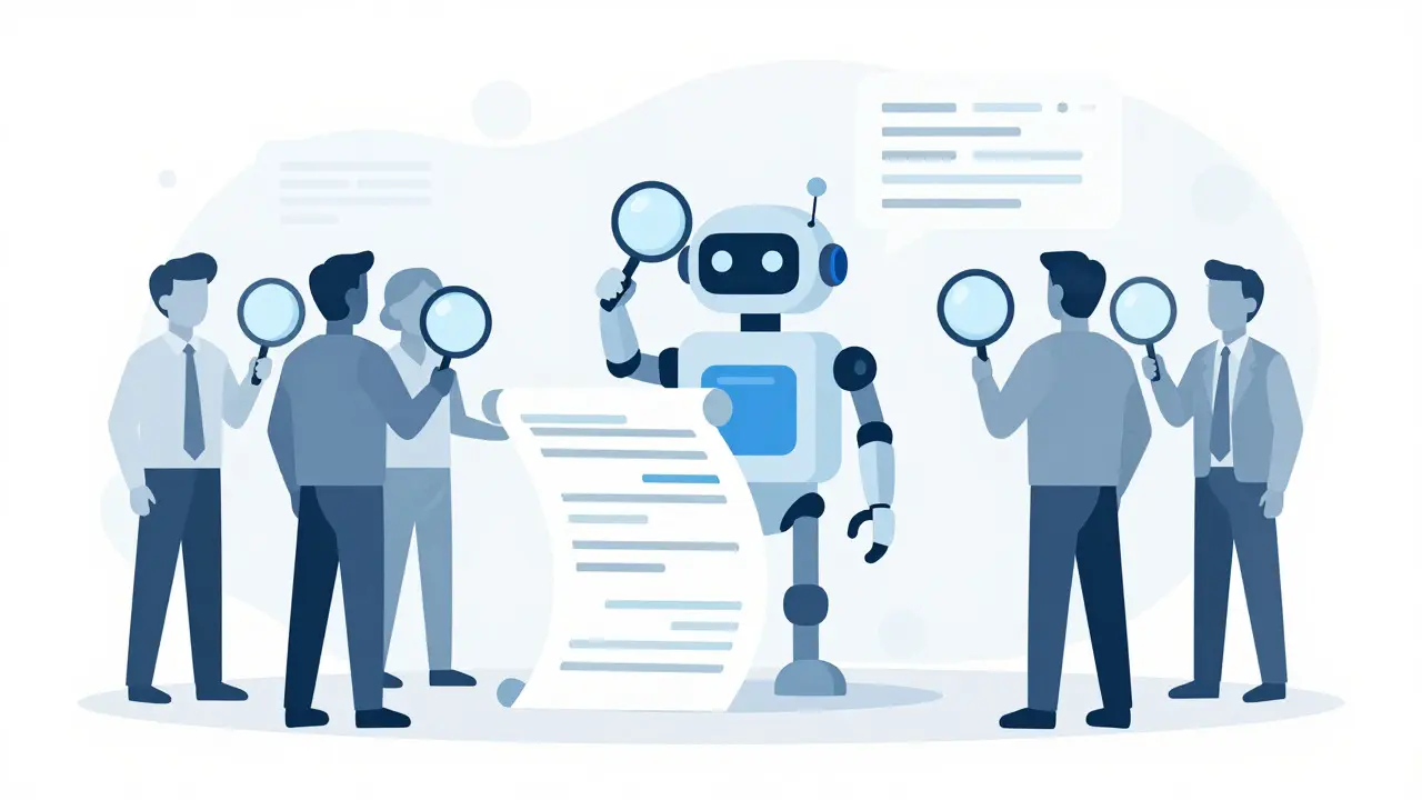 Vector illustration of a robot being reviewed by abstract figures with magnifying glasses