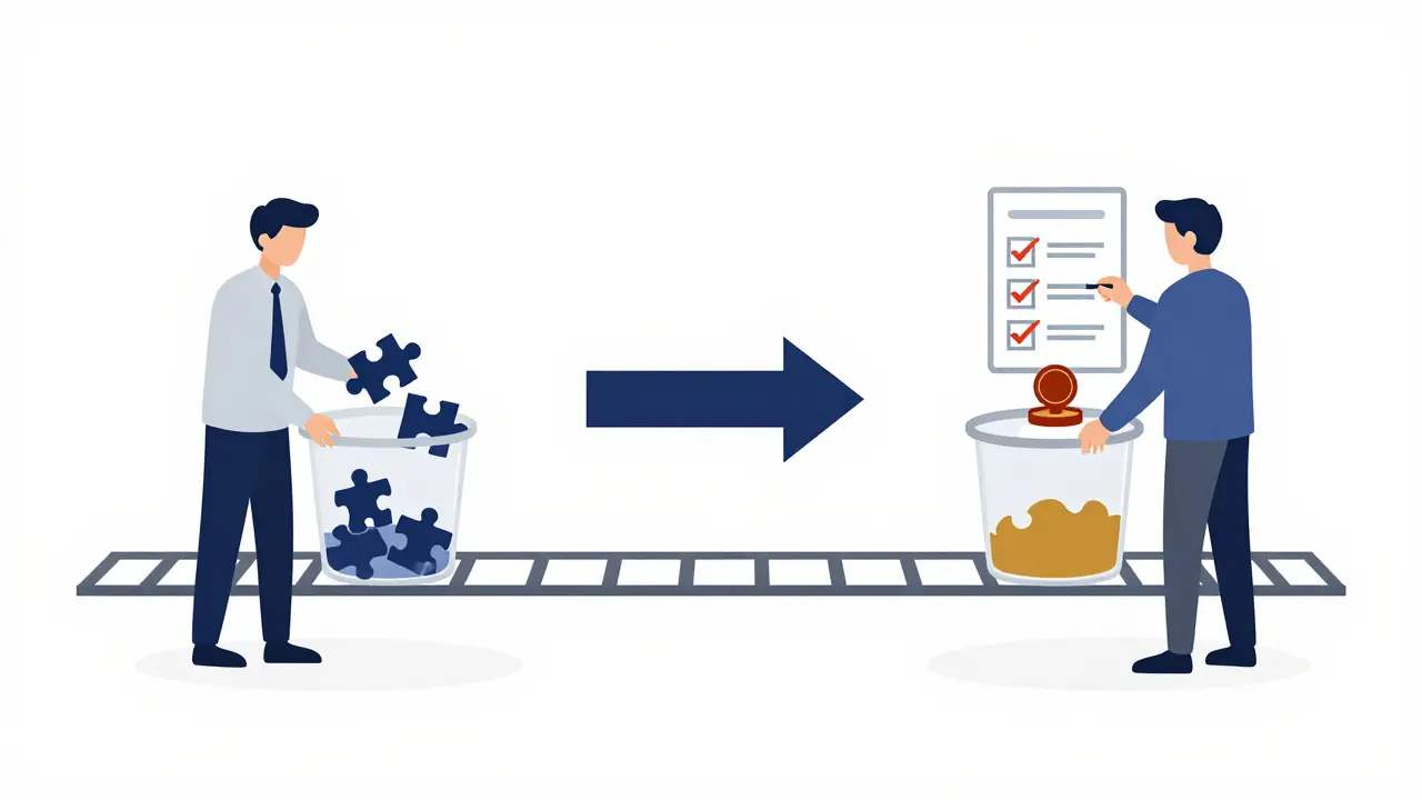 Vector illustration showing two figures handling evidence and decisions separately