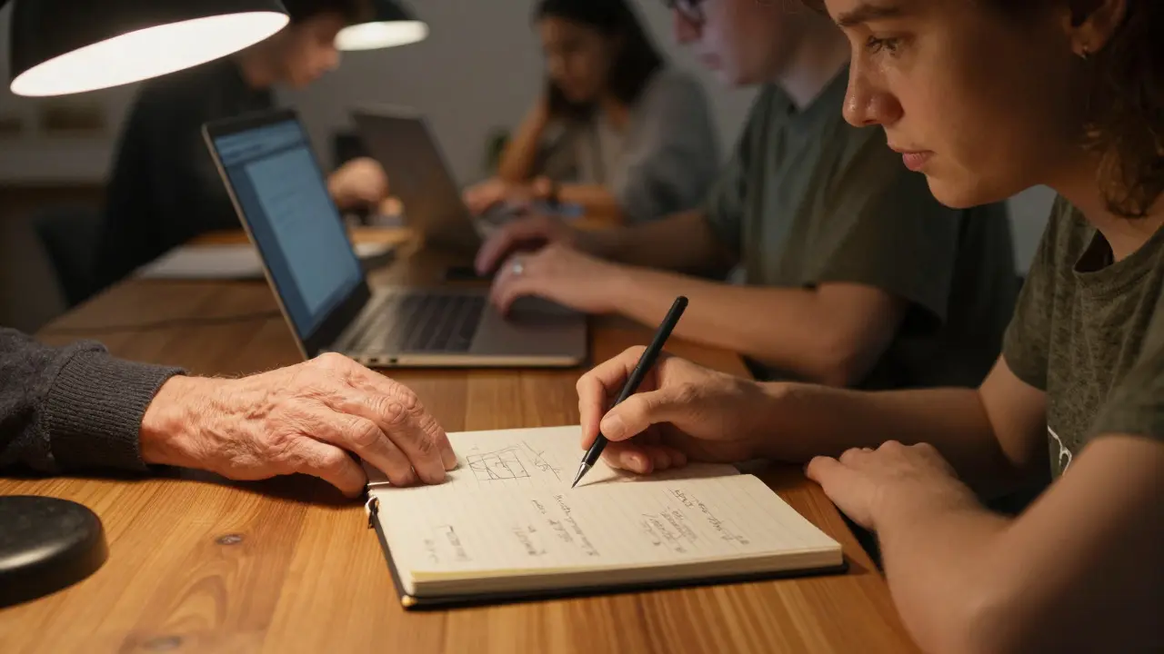 Veteran editor mentoring a newcomer with handwritten notes in a warm community setting