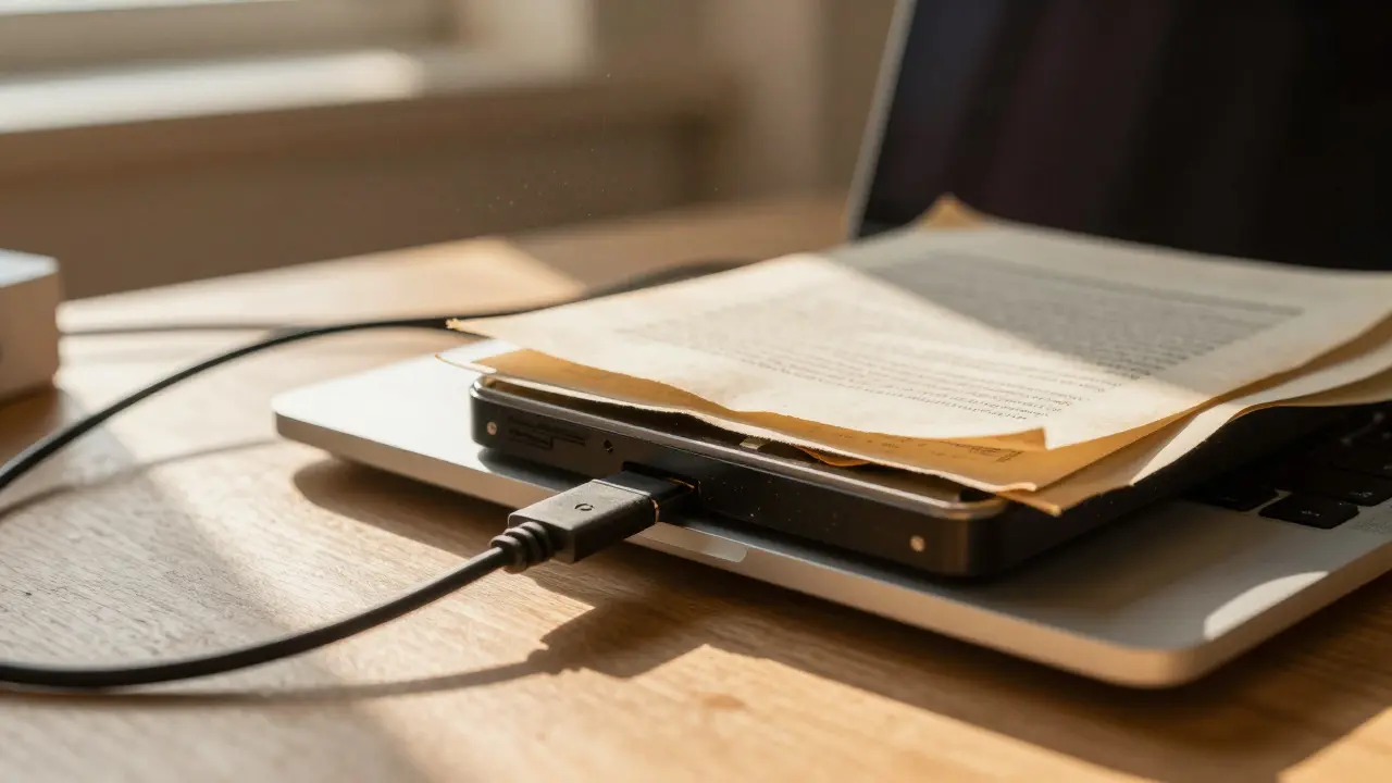 Vintage hard drive and old papers on a desk in warm sunlight, symbolizing digital preservation