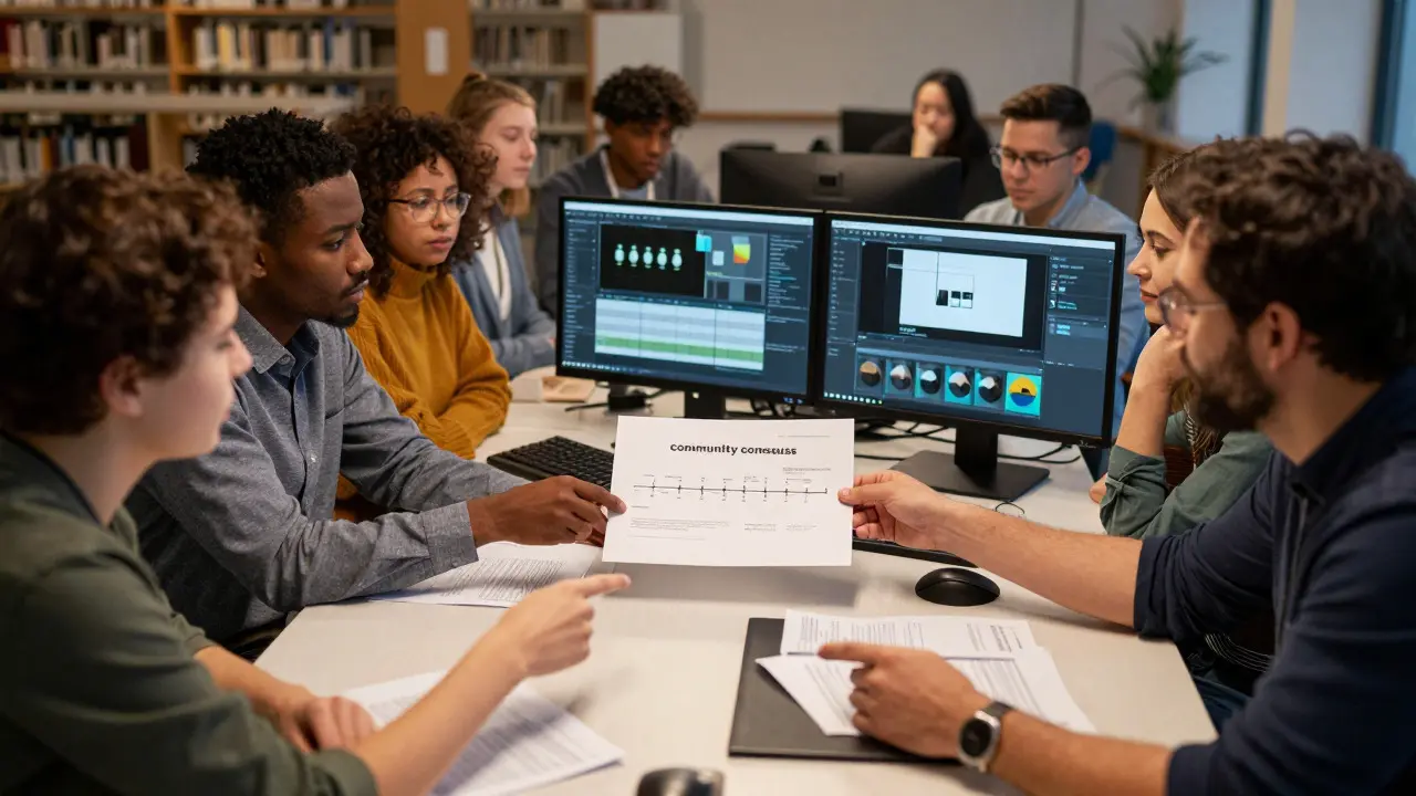 Volunteer editors collaborating around a table to discuss page stability
