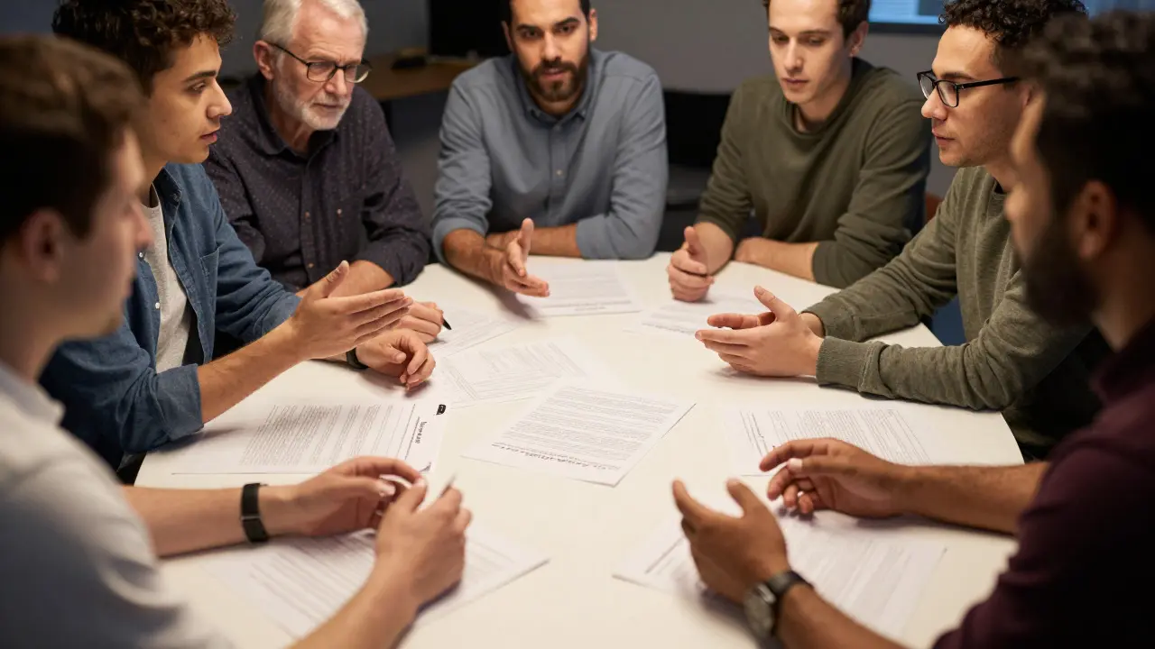 Volunteer editors discussing papers around a table in a community room