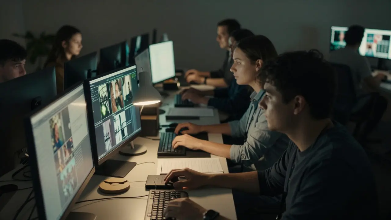 Volunteer editors working on computers in a dimly lit room during a news crisis