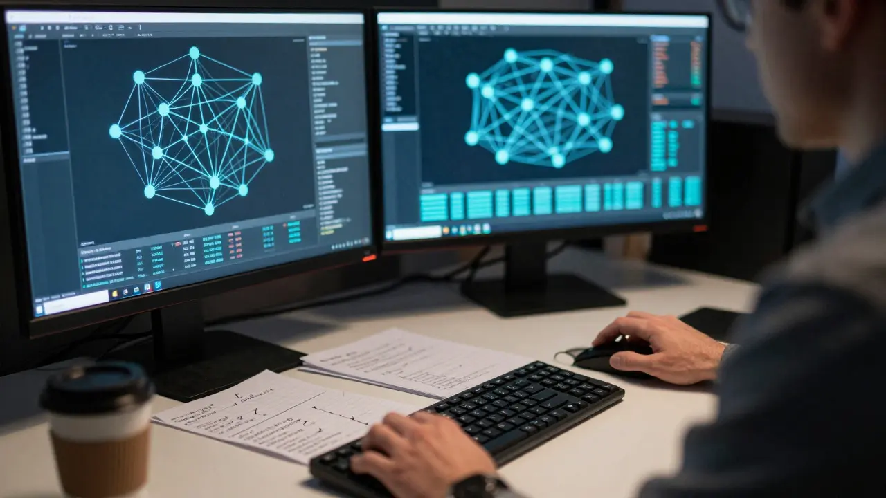 Volunteer investigator analyzing network data and notes in a dimly lit room at night