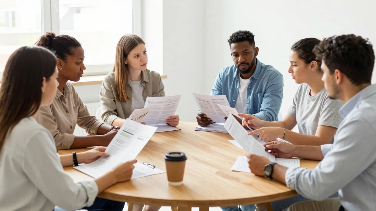 Volunteer journalists discussing documents at a round table in a bright newsroom