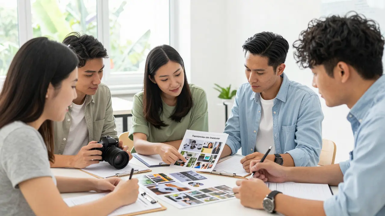 Volunteers collaborating around a table, reviewing photos and planning logistics