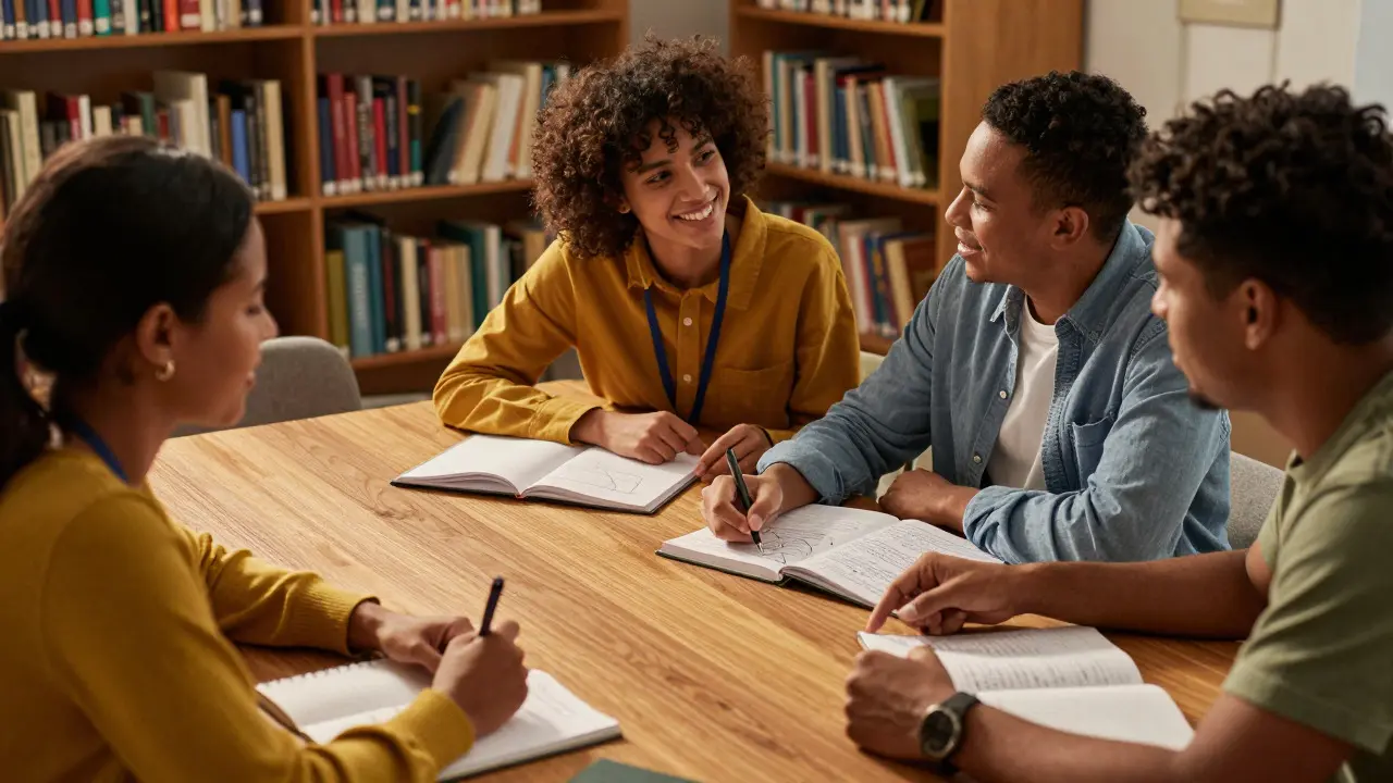 Volunteers discussing notes around a table in a warm library setting