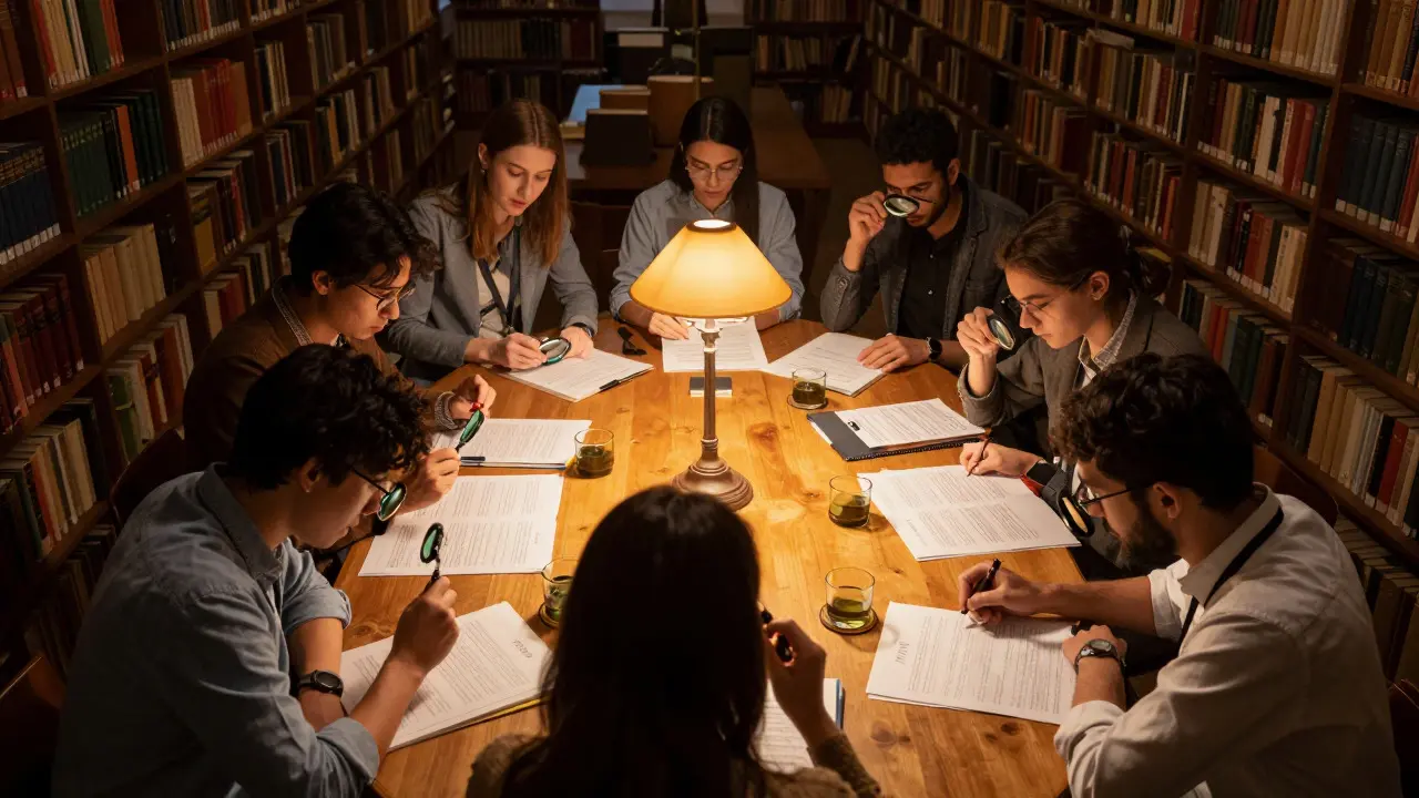 Volunteers reviewing documents under warm lamp light in a library, illustrating community fact-checking efforts.