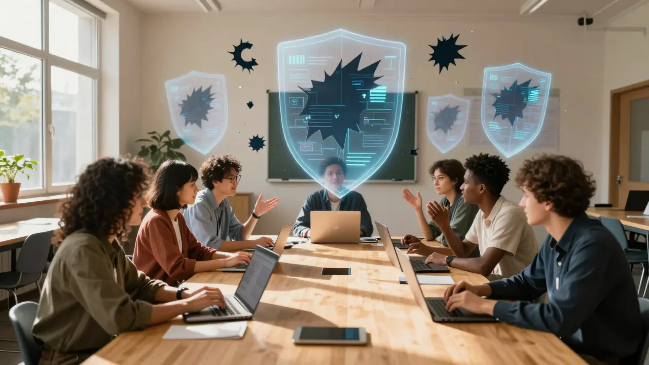 Volunteers working on laptops under protective holographic shields in a bright room