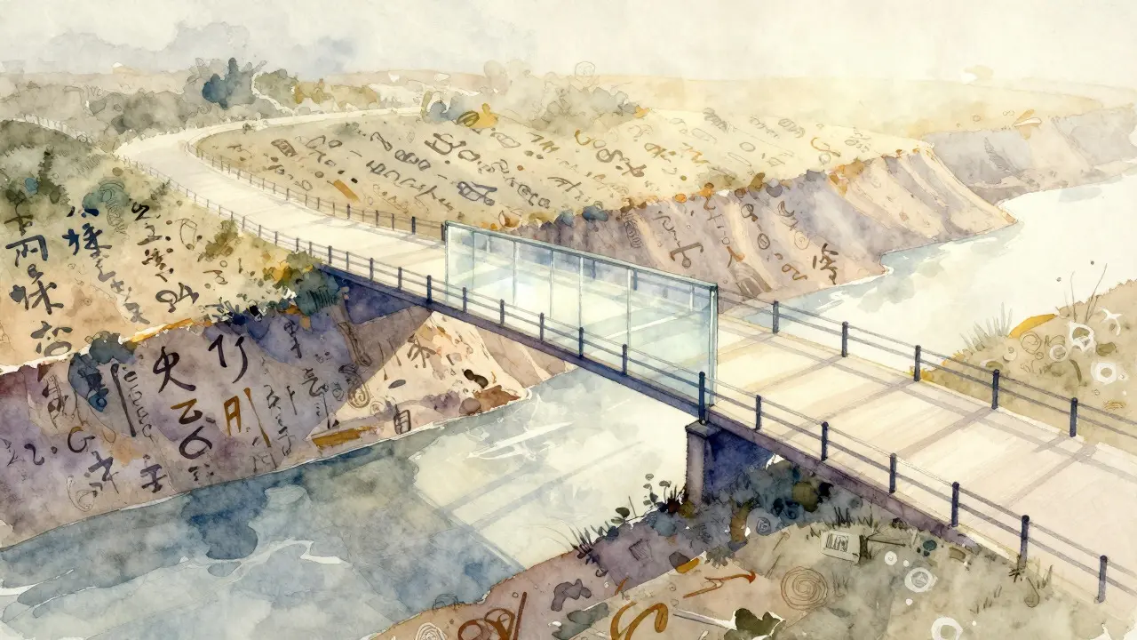 Watercolor painting of a bridge connecting two distinct cultural landscapes