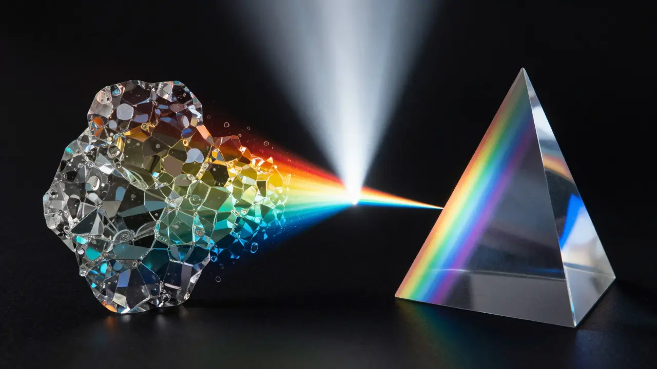 White light passing through two different prisms creating varied spectral outputs