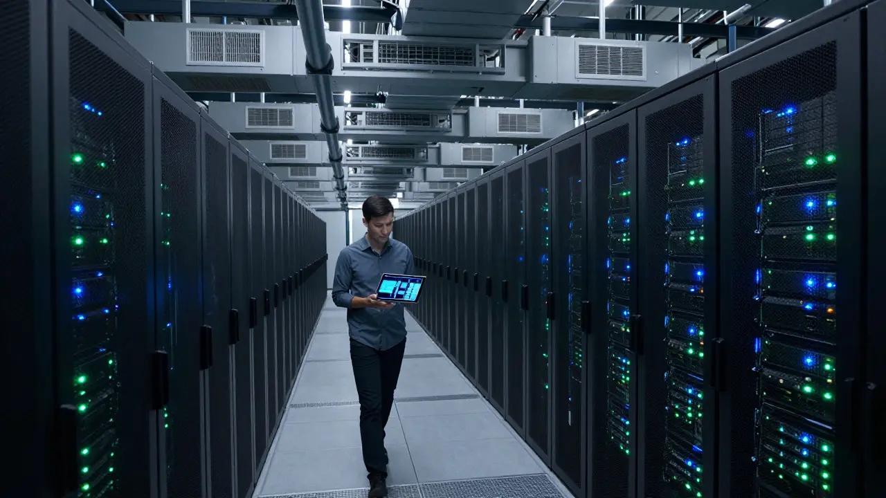 Wide shot of a modern data center with rows of server racks and an engineer walking through the aisle