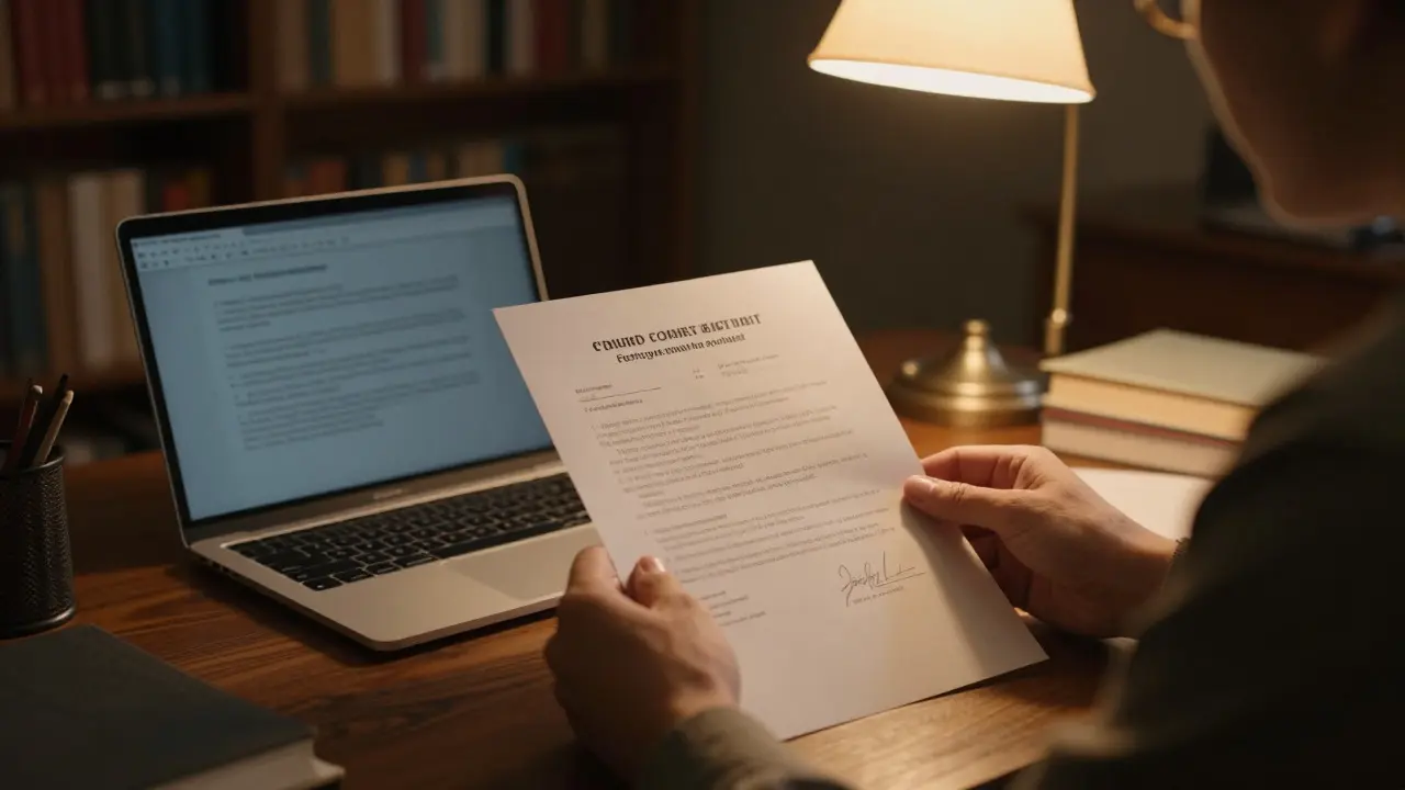 Writer signing a consent form at a desk with a laptop