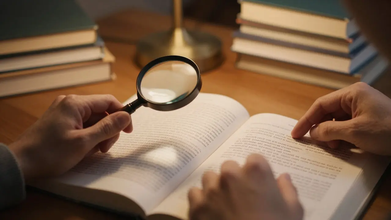 Writer using a magnifying glass to verify facts from a primary source book